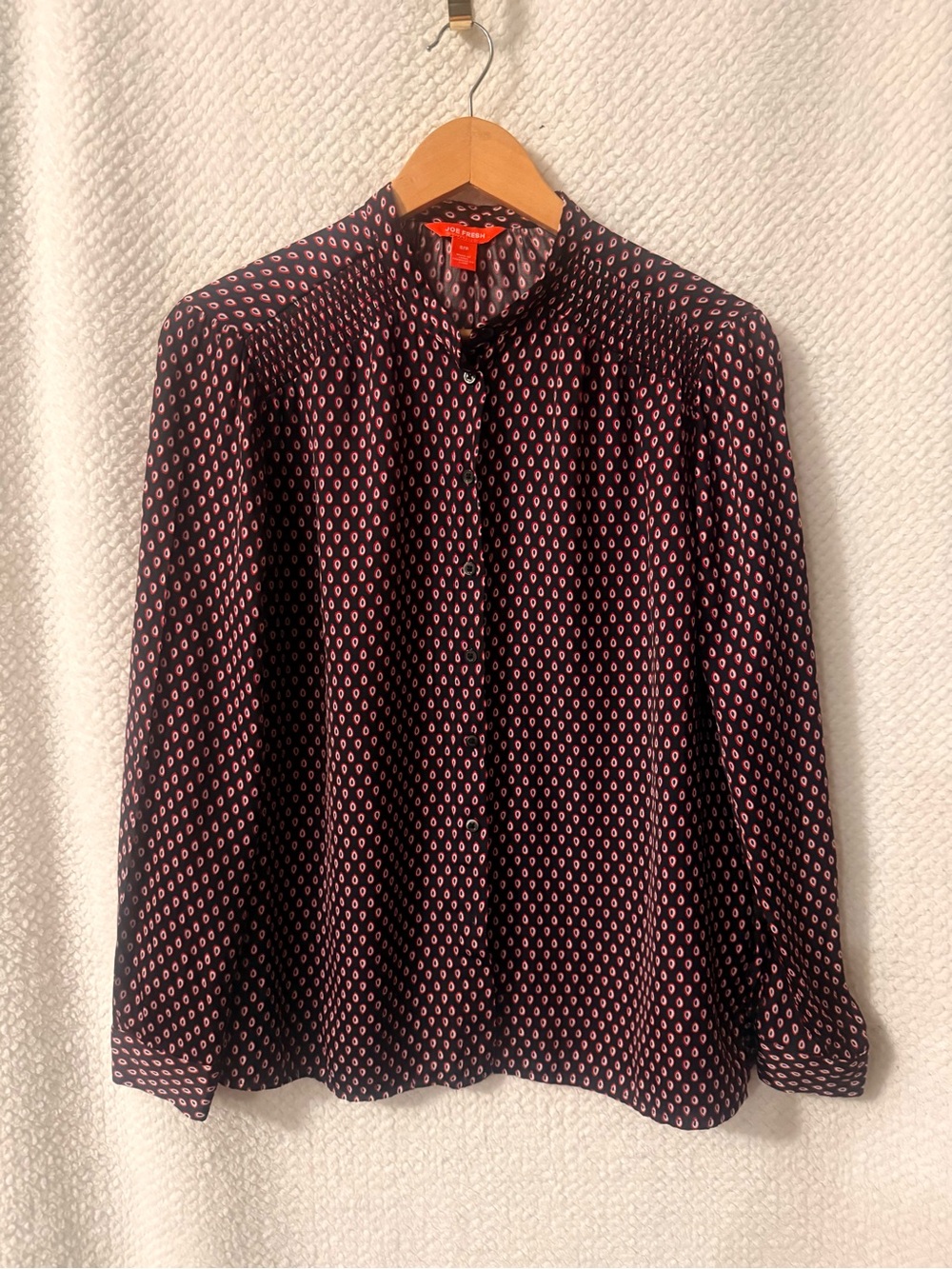 Joe Fresh Black Button-Down Blouse with Pink Geometric Motif